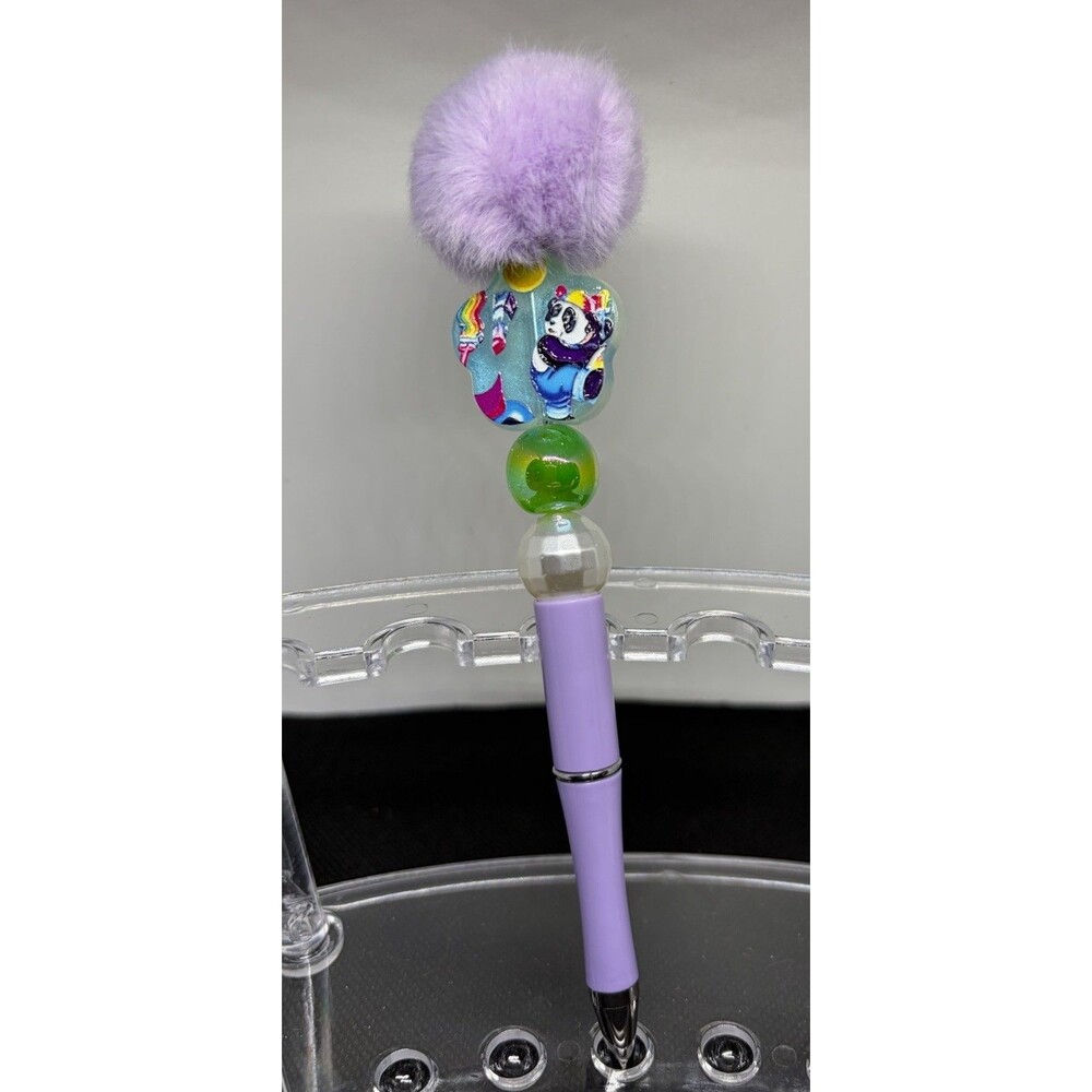 Handmade Beaded Pen with Panda and Pom-Pom Topper, Purple